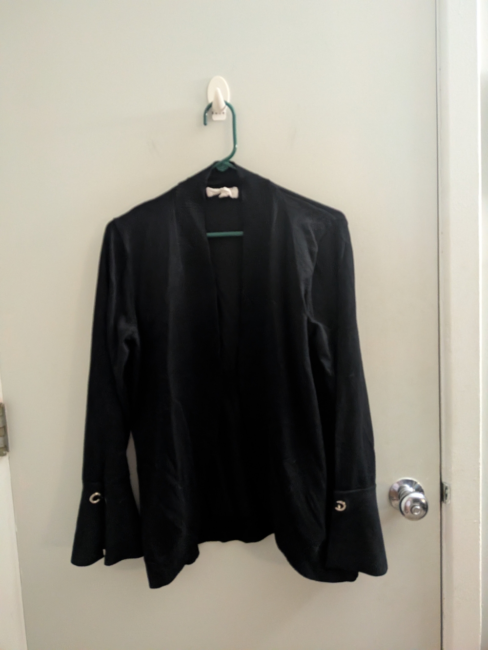 Pointelle XL Black Open-Front Cardigan with Flared Cuffs Detail Winter Office